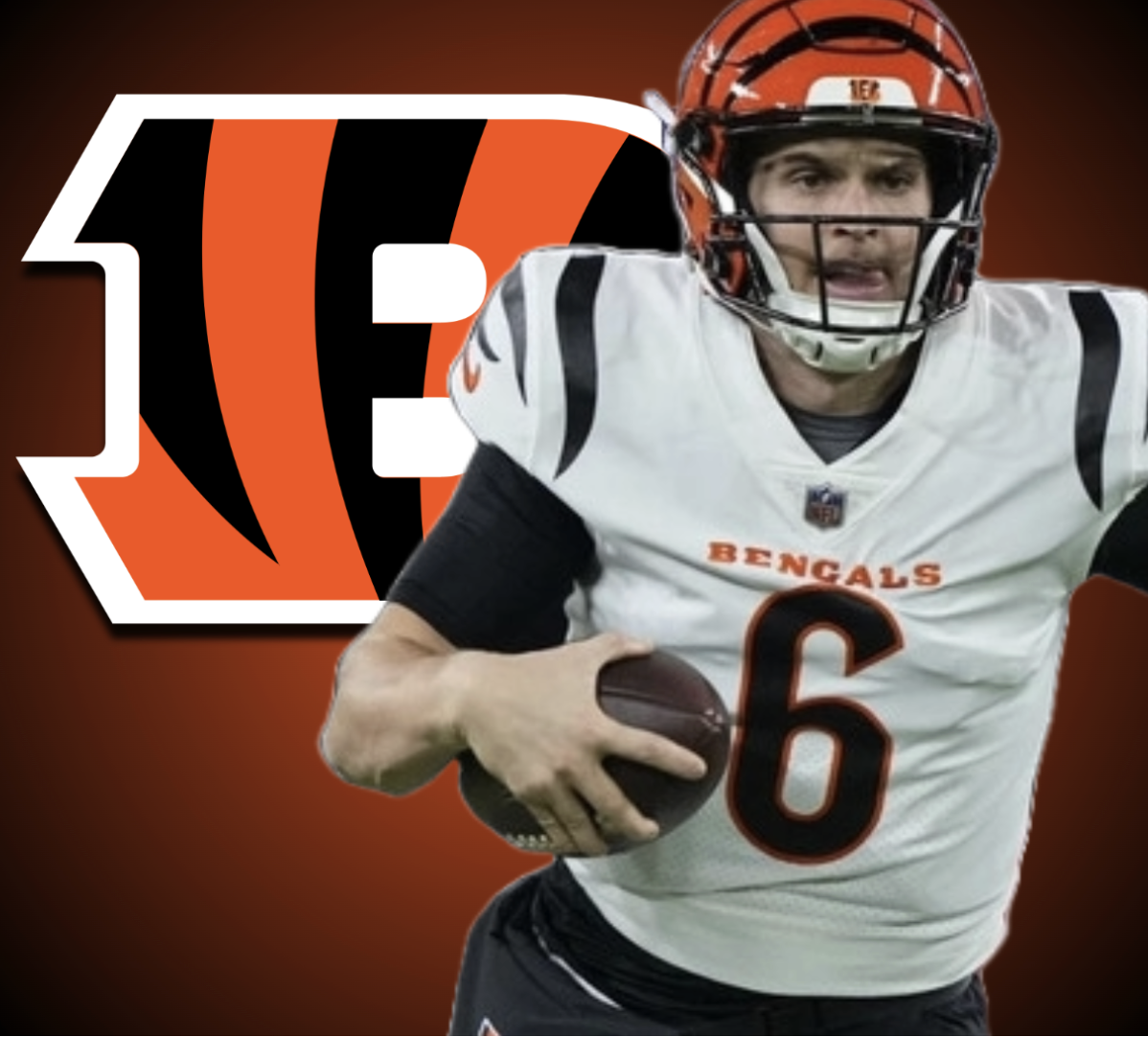 Jake Browning in front of the Bengals logo.